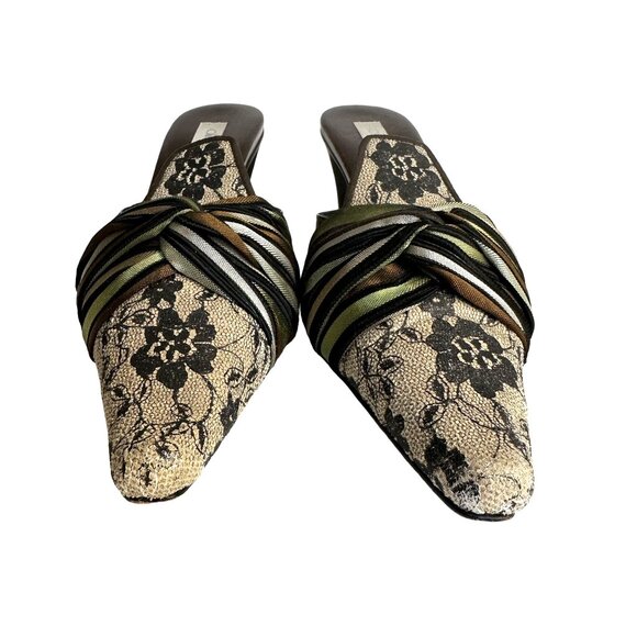 Olivia Rose Tal Marseilles Lace Leather Multi Stripe Twist Mule Heels Pointed To - Picture 4 of 11